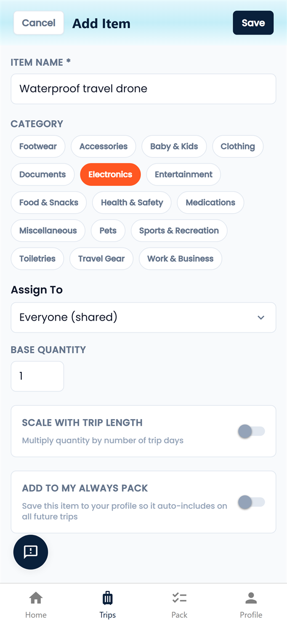 Adding a custom item to your packing list
