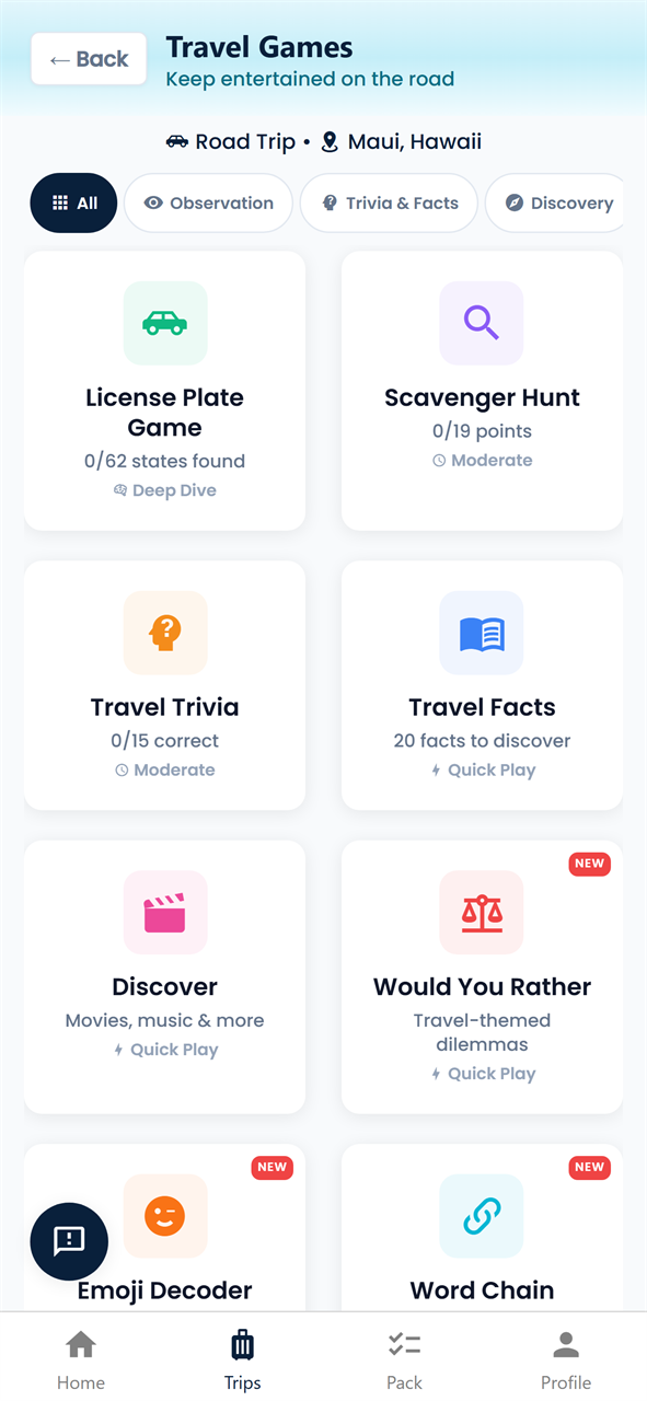 PackLyst travel games organized by category for road trips and flights