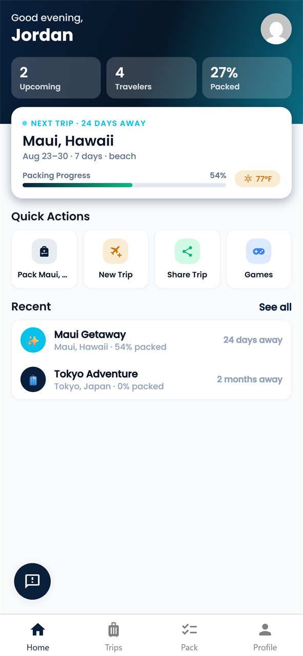 PackLyst app home screen showing upcoming trips, packing progress, and live weather