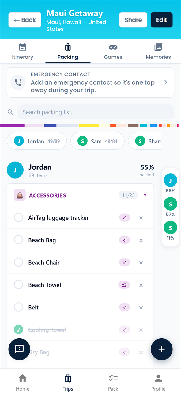 Per-traveler packing list — Jordan and Sam each with their own list plus shared items, scaled quantities, and packing progress