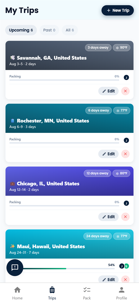 PackLyst trips list showing a memorial in muted grey, a hospital stay in calm teal, a business trip in focused indigo, and a beach vacation in bright cyan — each with its own respectful tone