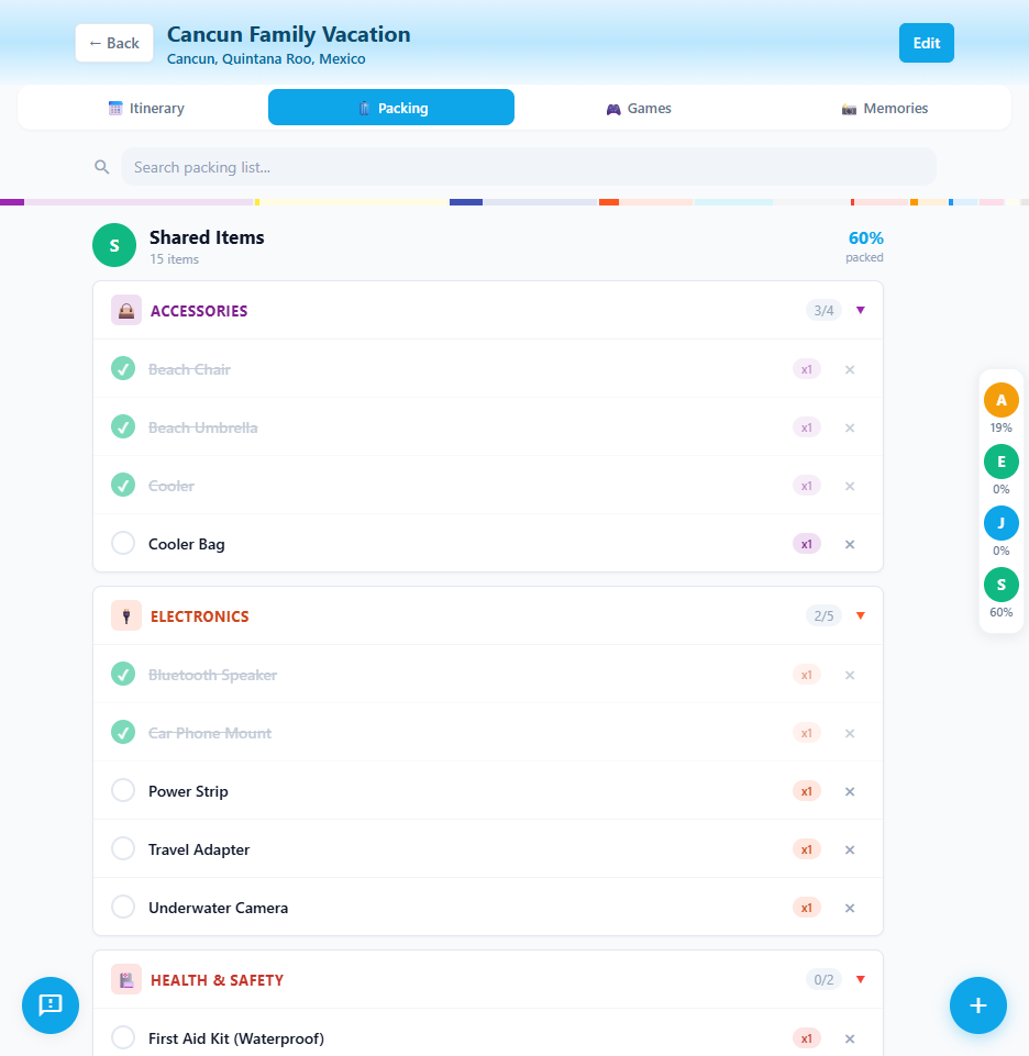 Generated packing list with per-traveler items and colorful categories